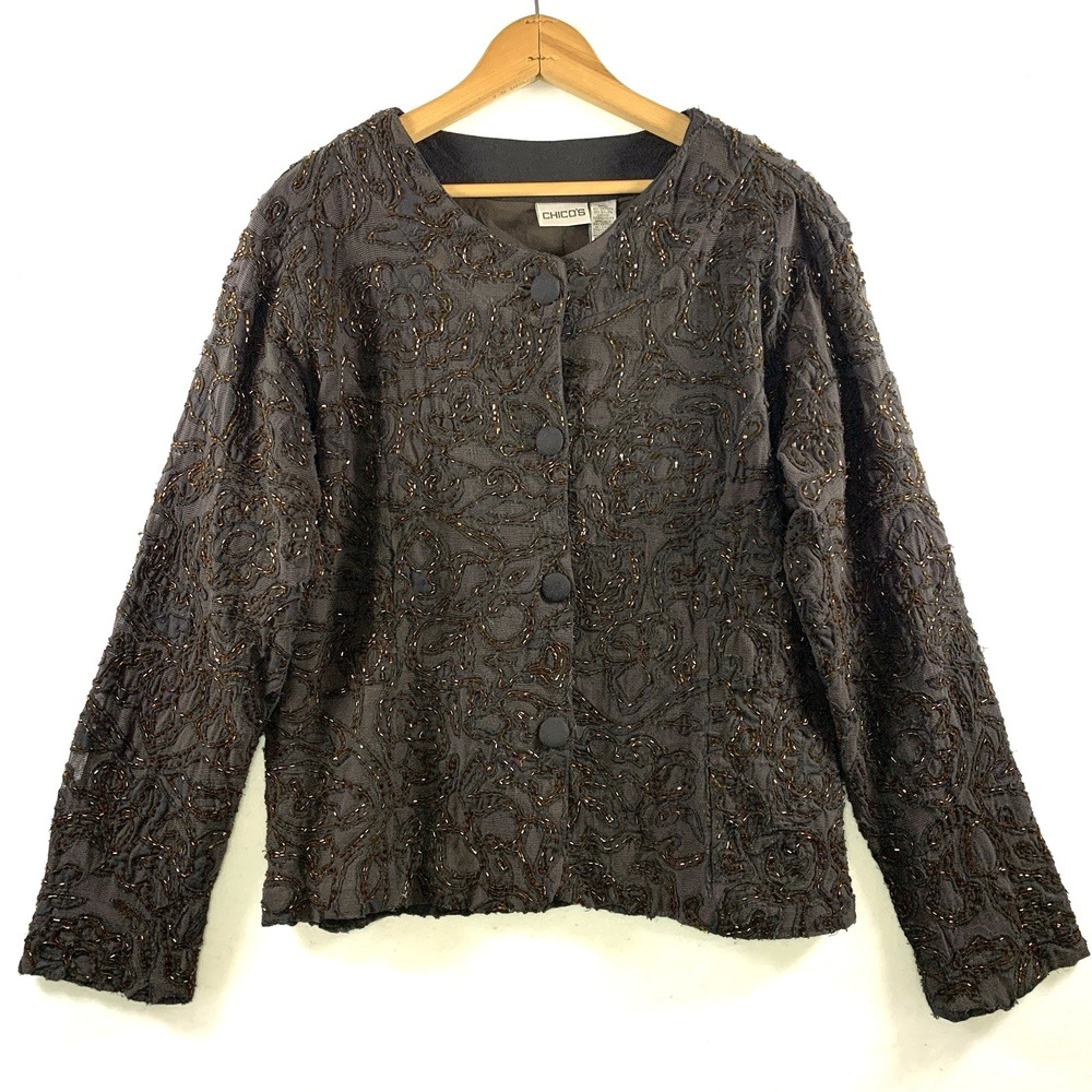 Women Ornate Beaded Evening Jacket Size 1 Charcoal Bronze Boho Luxe Artsy New